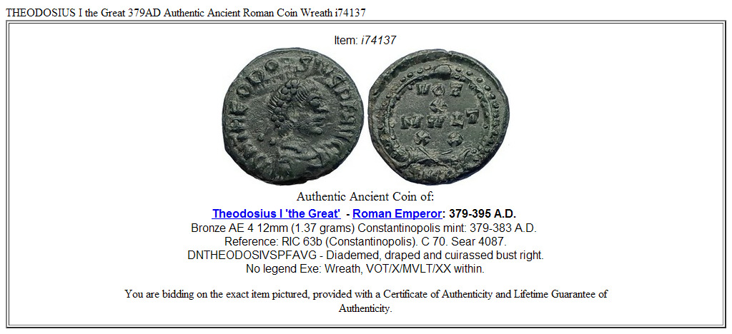 THEODOSIUS I the Great 379AD Authentic Ancient Roman Coin Wreath i74137