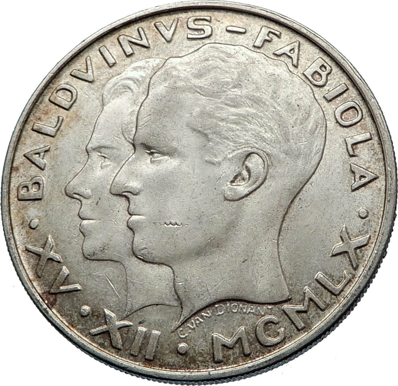 1960 BELGIUM King Baudouin I Marriage Queen Fabiola Silver 50 Francs Coin i72459