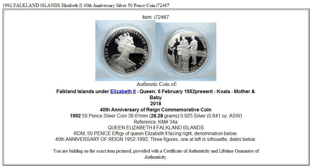 1992 FALKLAND ISLANDS Elizabeth II 40th Anniversary Silver 50 Pence Coin i72467