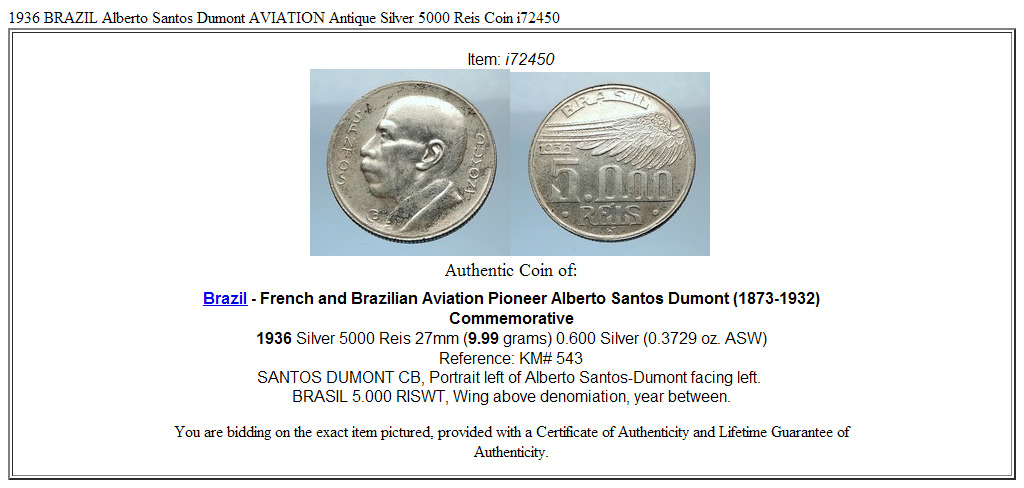 1936 BRAZIL Alberto Santos Dumont AVIATION Antique Silver 5000 Reis Coin i72450