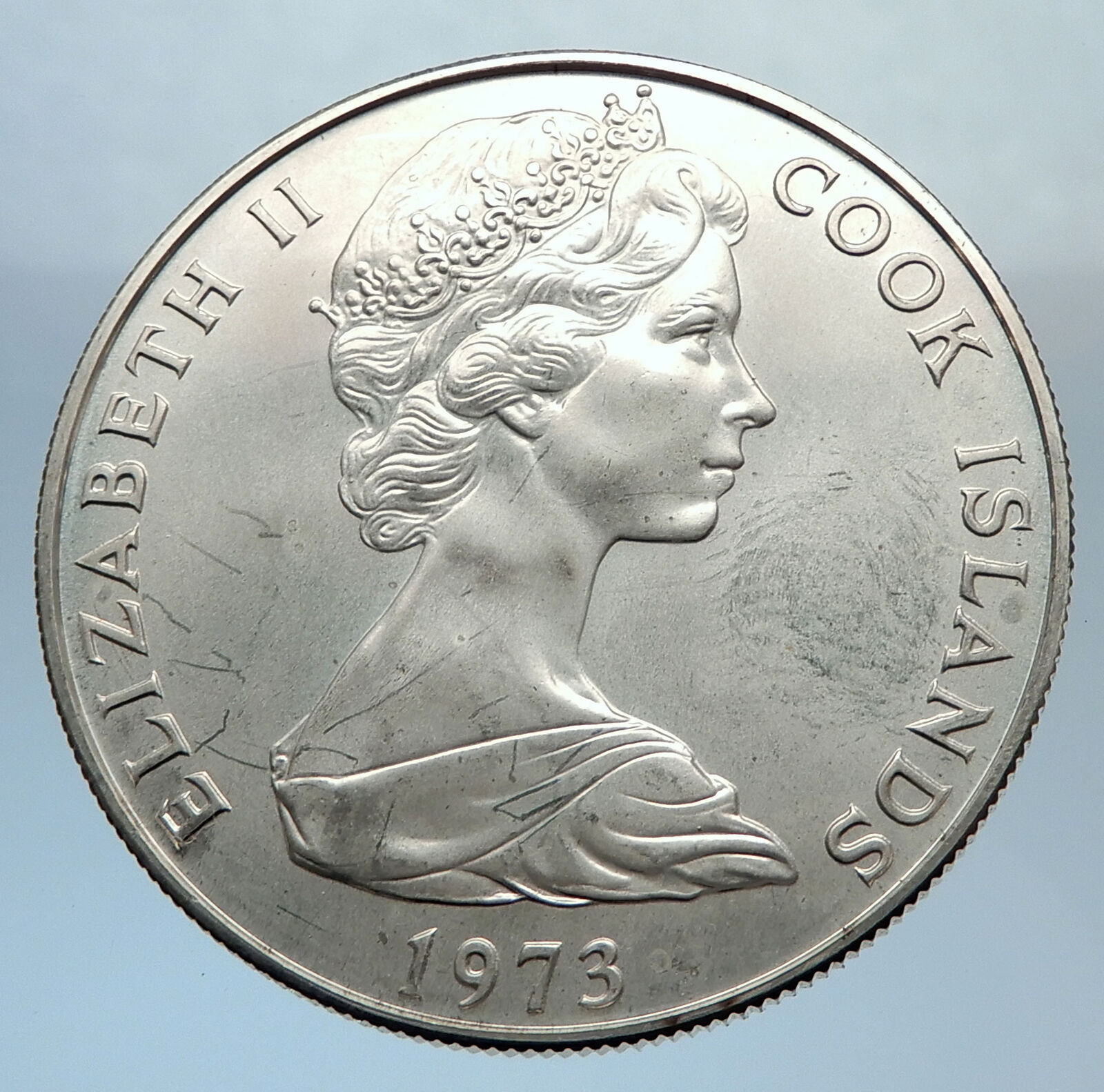 1973 COOK ISLANDS Elizabeth II James Cook Antique Silver 2.5 Dollar Coin i71380