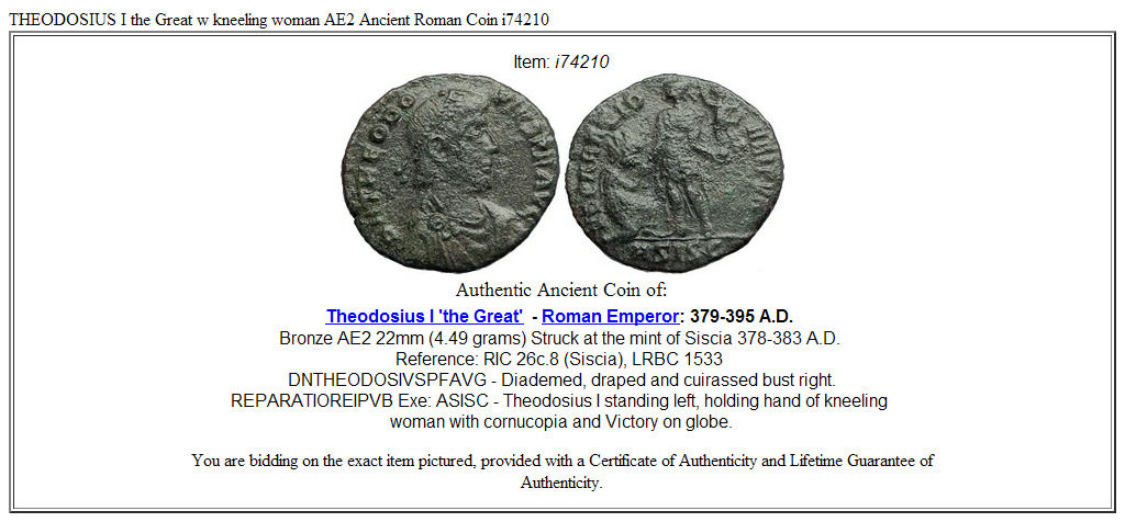THEODOSIUS I the Great w kneeling woman AE2 Ancient Roman Coin i74210