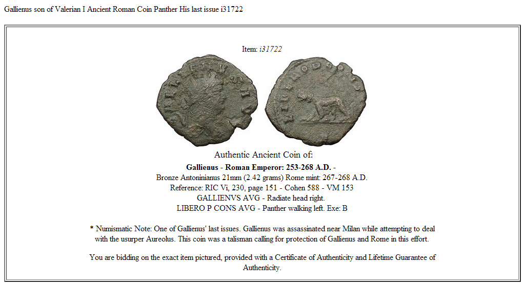 Gallienus son of Valerian I Ancient Roman Coin Panther His last issue i31722