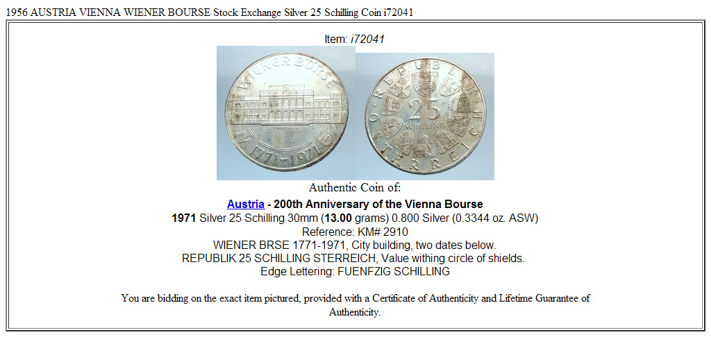 1956 AUSTRIA VIENNA WIENER BOURSE Stock Exchange Silver 25 Schilling Coin i72041