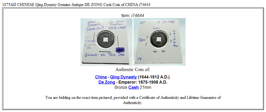 1875AD CHINESE Qing Dynasty Genuine Antique DE ZONG Cash Coin of CHINA i74644