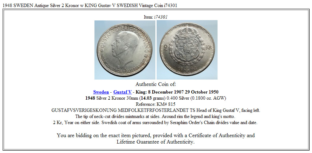 1948 SWEDEN Antique Silver 2 Kronor w KING Gustav V SWEDISH Vintage Coin i74301