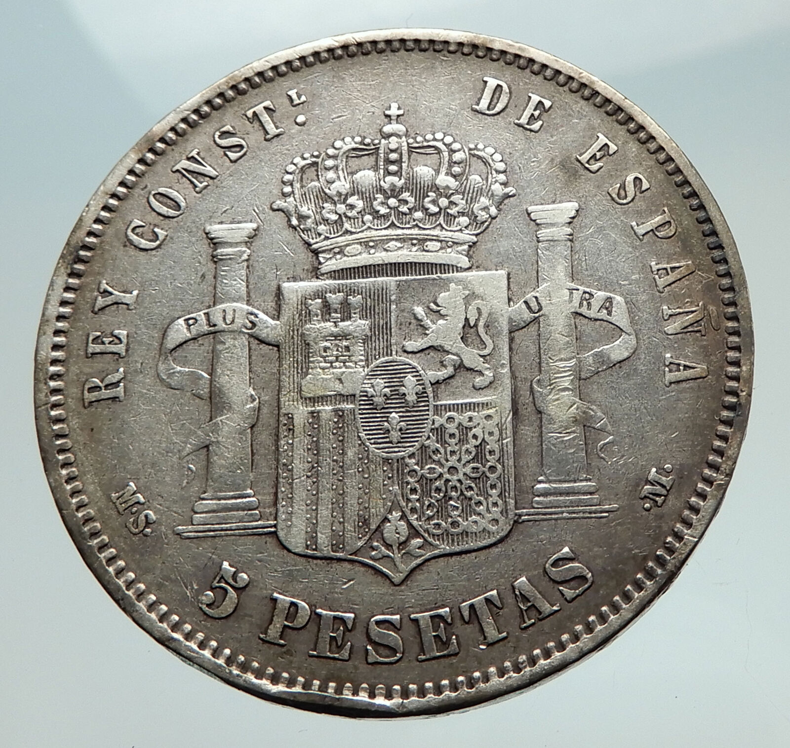 1884 SPAIN w King ALFONSO XII Antique Silver 5 Pesetas SPANISH Coin i74757