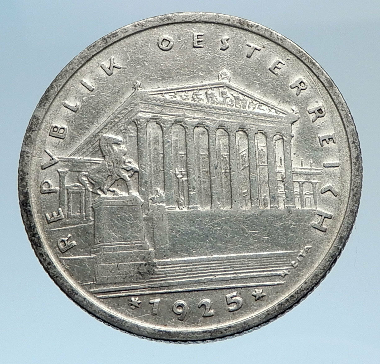 1925 AUSTRIA Parliament in Vienna Edelweiss Antique Silver Shilling Coin i74284