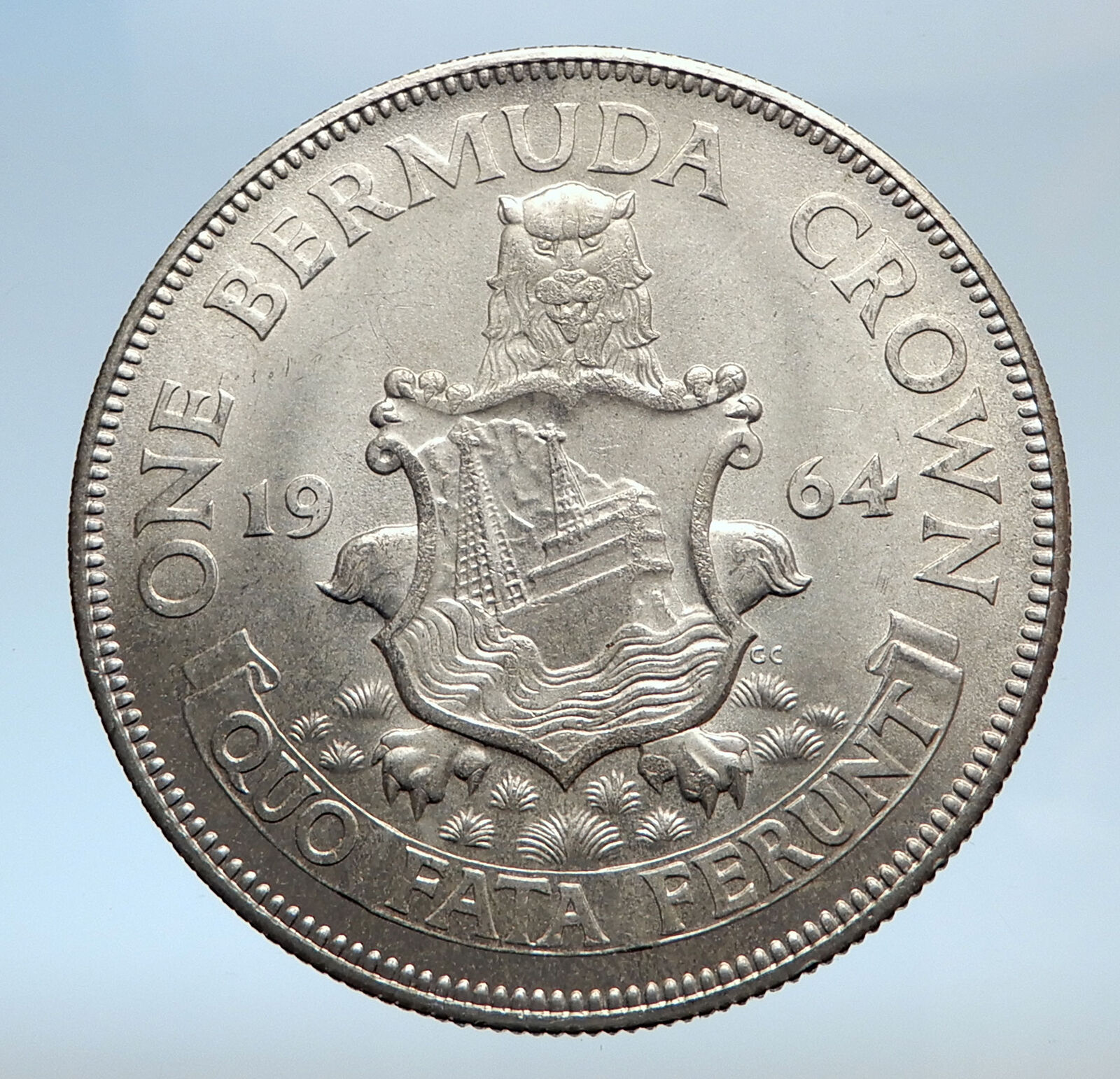1964 Bermuda British Colony LARGE Elizabeth II Antique Silver Crown Coin i74044