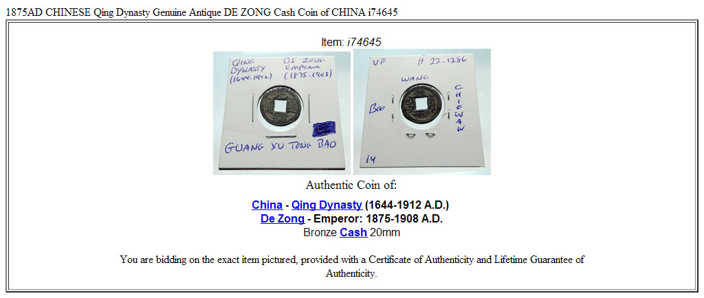 1875AD CHINESE Qing Dynasty Genuine Antique DE ZONG Cash Coin of CHINA i74645