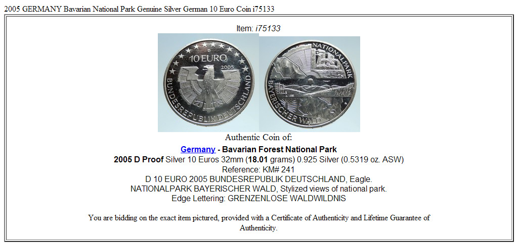 2005 GERMANY Bavarian National Park Genuine Silver German 10 Euro Coin i75133