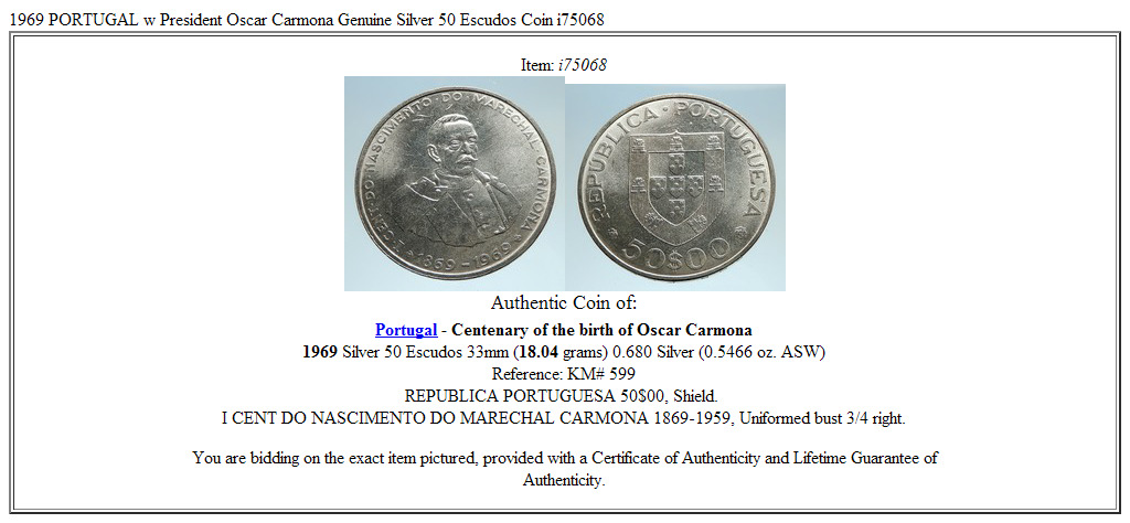 1969 PORTUGAL w President Oscar Carmona Genuine Silver 50 Escudos Coin i75068