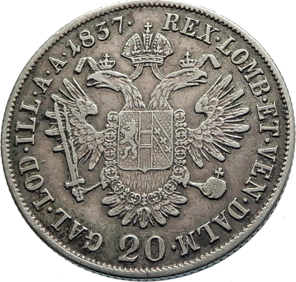 1837 Austria Emperor FERDINAND I Antique Silver Coin 20 Kreuzer Eagle i75030