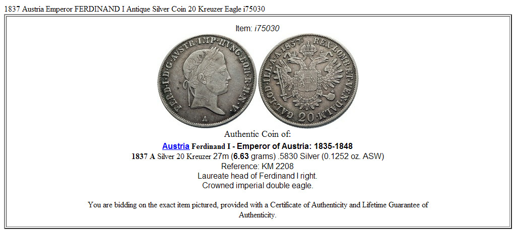 1837 Austria Emperor FERDINAND I Antique Silver Coin 20 Kreuzer Eagle i75030