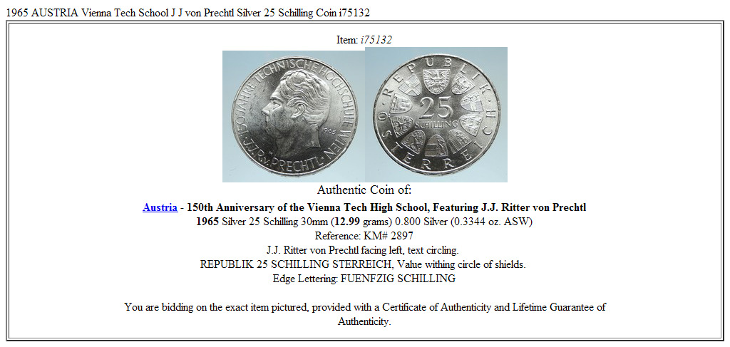 1965 AUSTRIA Vienna Tech School J J von Prechtl Silver 25 Schilling Coin i75132