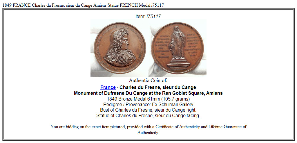 1849 FRANCE Charles du Fresne, sieur du Cange Amiens Statue FRENCH Medal i75117