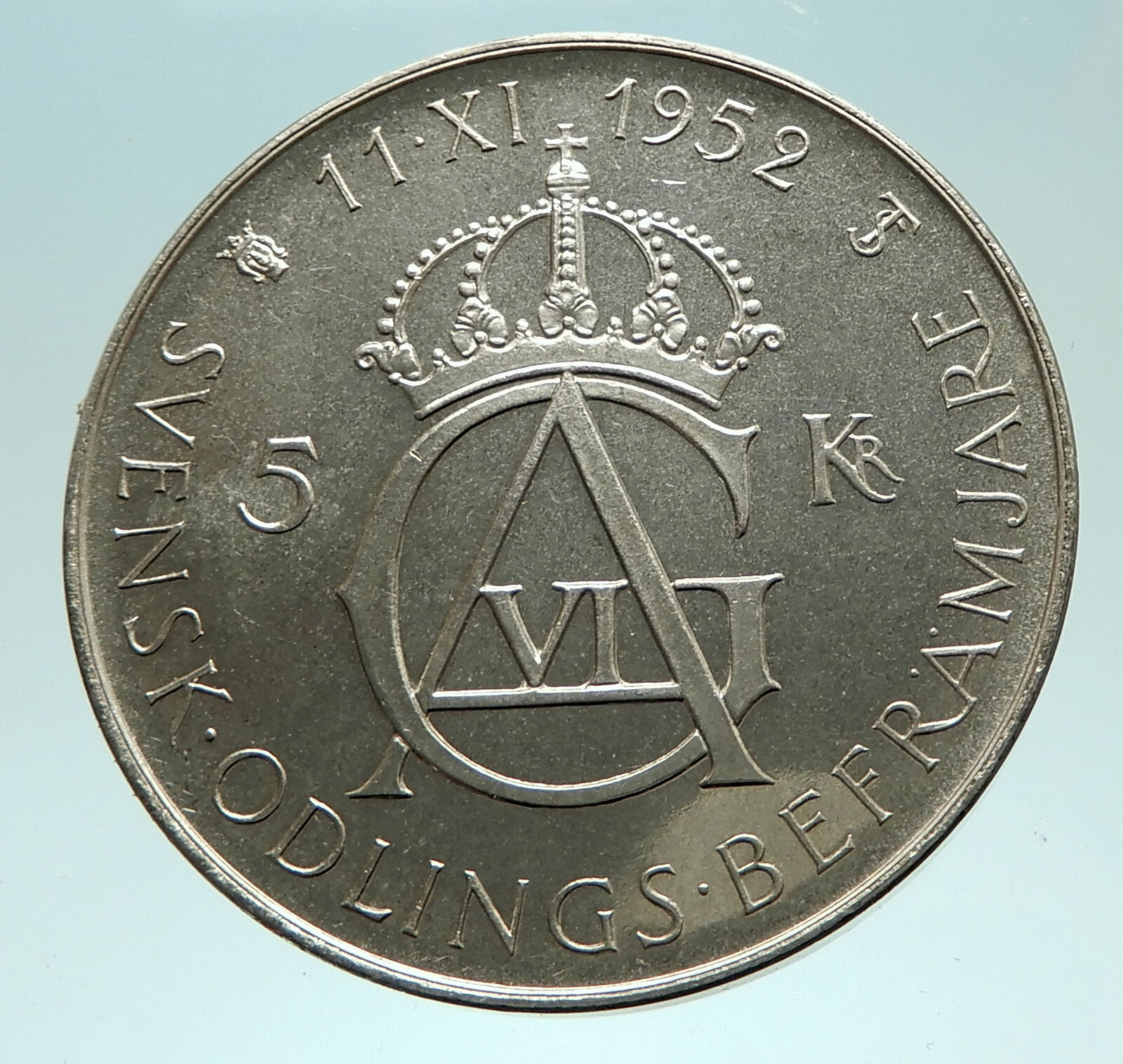 1952 SWEDEN King GUSTAV VI ADOLF 70th Birthday Silver 5Kr SWEDISH Coin i76028