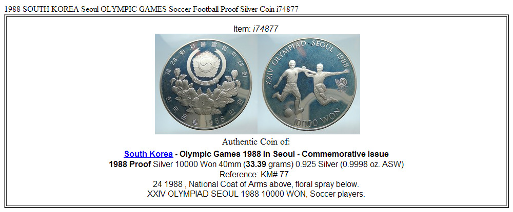 1988 SOUTH KOREA Seoul OLYMPIC GAMES Soccer Football Proof Silver Coin i74877