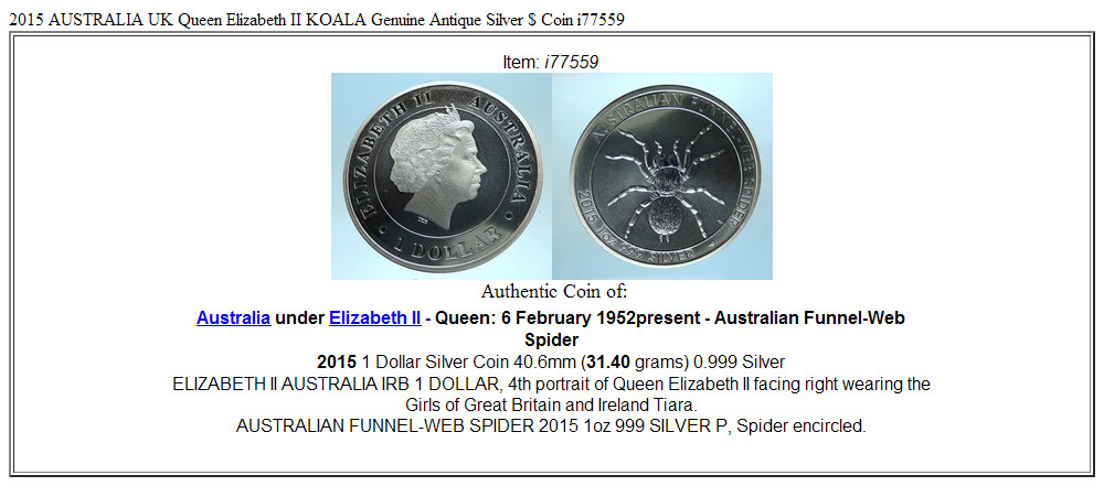 2015 AUSTRALIA UK Queen Elizabeth II Funnel Spider Genuine Silver $ Coin i77559