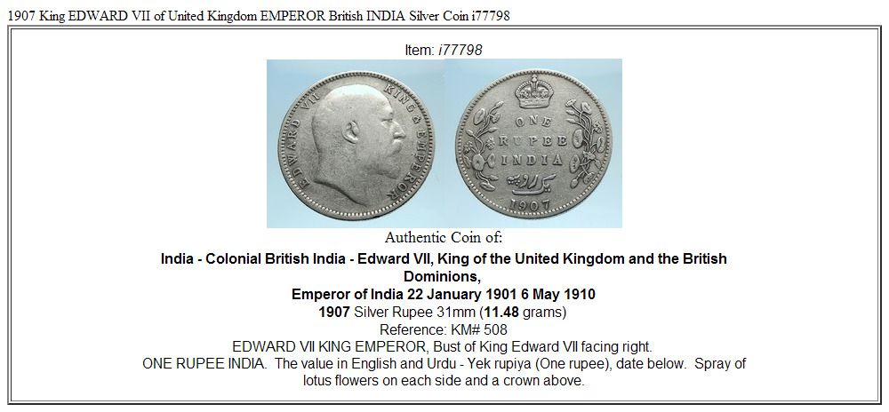 1907 King EDWARD VII of United Kingdom EMPEROR British INDIA Silver Coin i77798