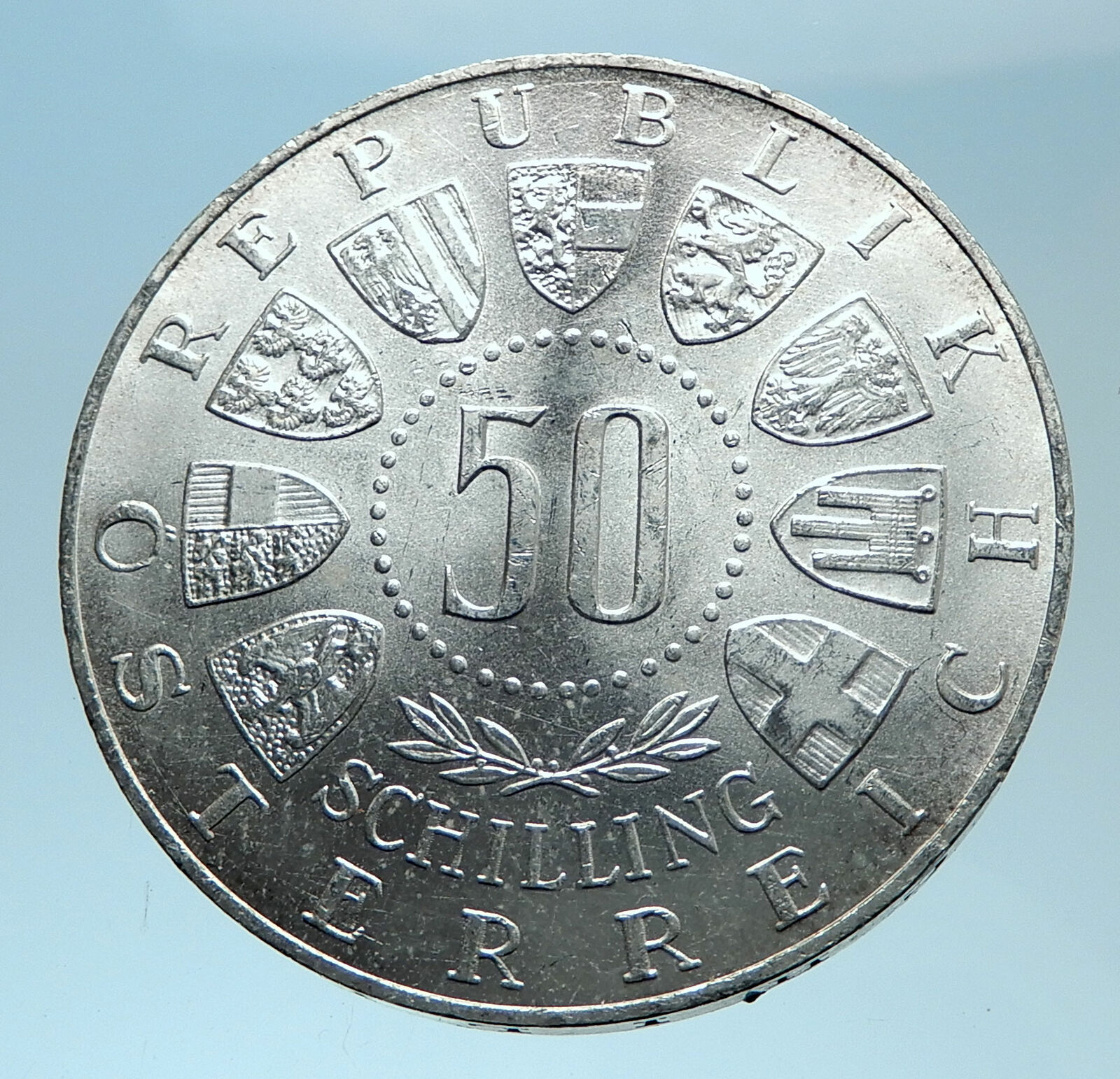 1963 AUSTRIA Tyrol and Austrian Shields Genuine Silver 50 Shilling Coin i78085