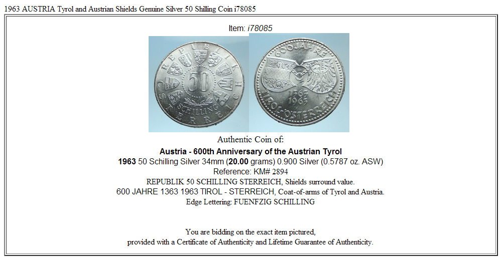 1963 AUSTRIA Tyrol and Austrian Shields Genuine Silver 50 Shilling Coin i78085