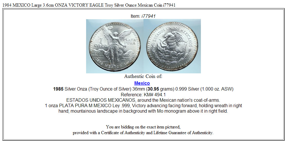 1984 MEXICO Large 3.6cm ONZA VICTORY EAGLE Troy Silver Ounce Mexican Coin i77941