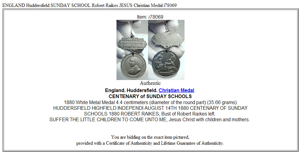 ENGLAND Huddersfield SUNDAY SCHOOL Robert Raikes JESUS Christian Medal i78069