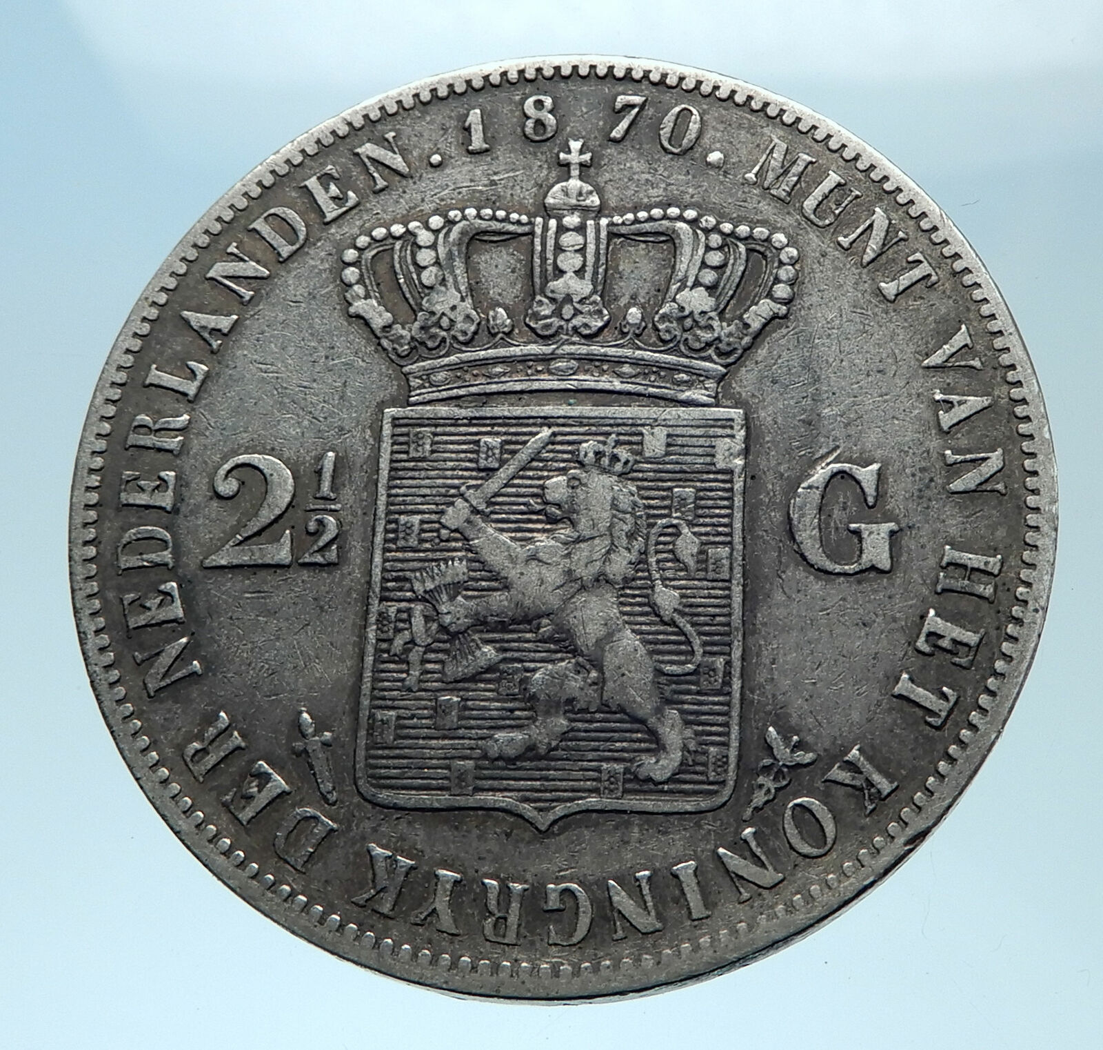 1870 NETHERLANDS Wilhelm III Antique Genuine Silver 2 1/2 Gulden Coin i77948