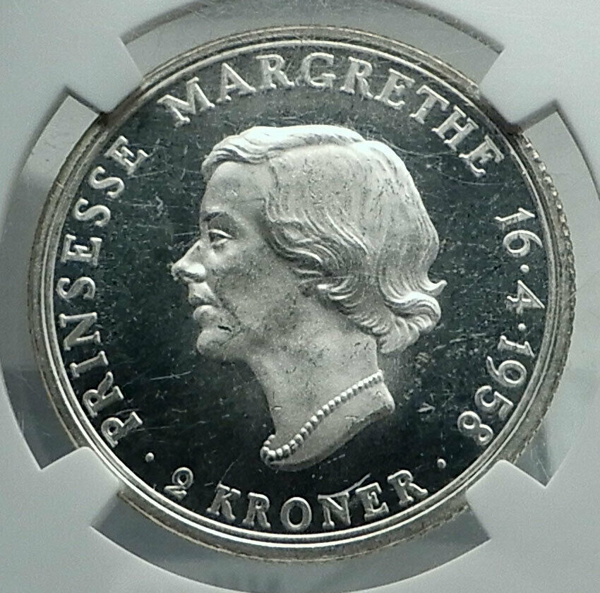 1958 DENMARK Frederick IX Princess Margrethe Genuine Silver 2 Kr Coin NGC i78716