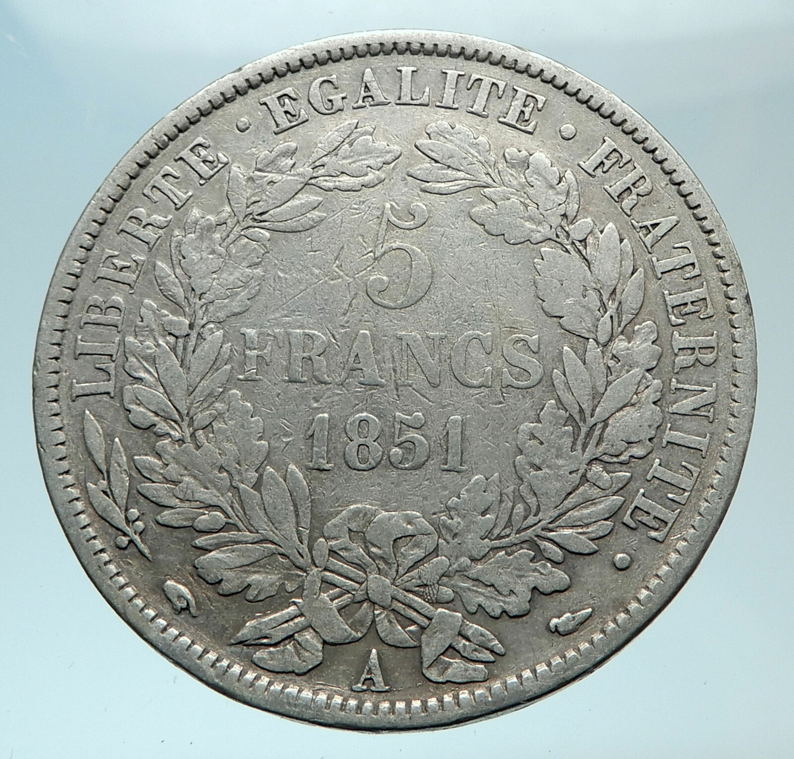 1851 FRANCE Antique LIBERTY Wreath Genuine Silver 5 Franc French Coin i78820