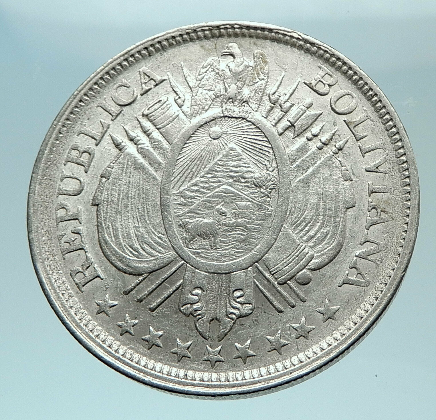 1897 CB BOLIVIA Antique Wreath Eagle Hill Genuine 50 Centavos Silver Coin i78826