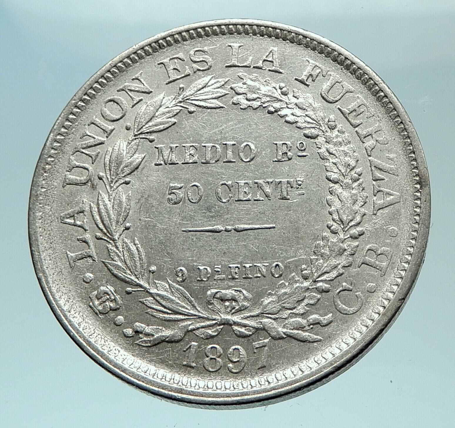 1897 CB BOLIVIA Antique Wreath Eagle Hill Genuine 50 Centavos Silver Coin i78826