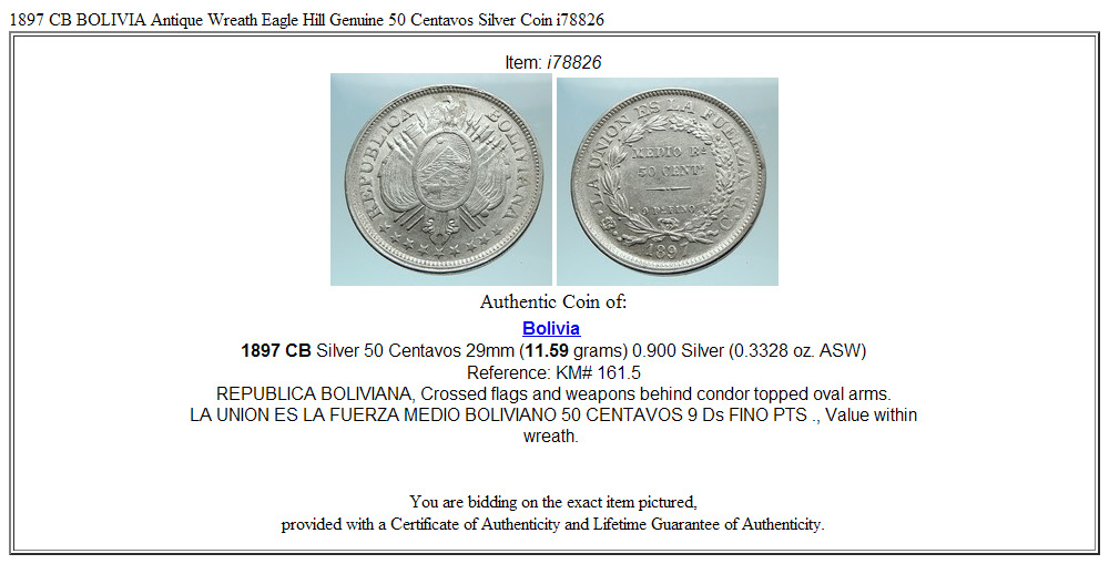 1897 CB BOLIVIA Antique Wreath Eagle Hill Genuine 50 Centavos Silver Coin i78826