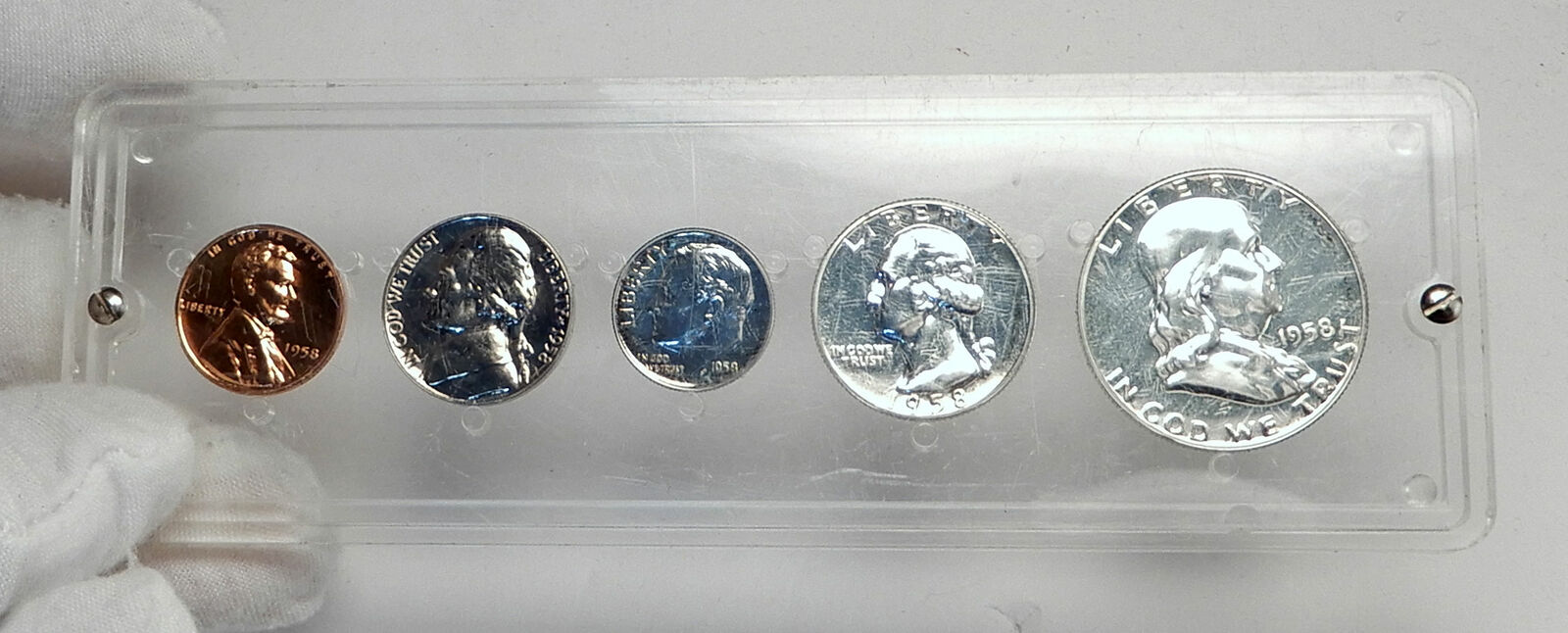 1958 UNITED STATES US Half Dollar Quarter Dime PFLike 5 Coin Set 3 Silver i79878
