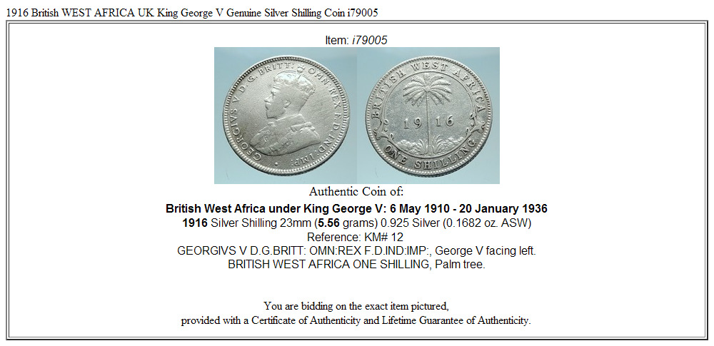 1916 British WEST AFRICA UK King George V Genuine Silver Shilling Coin i79005