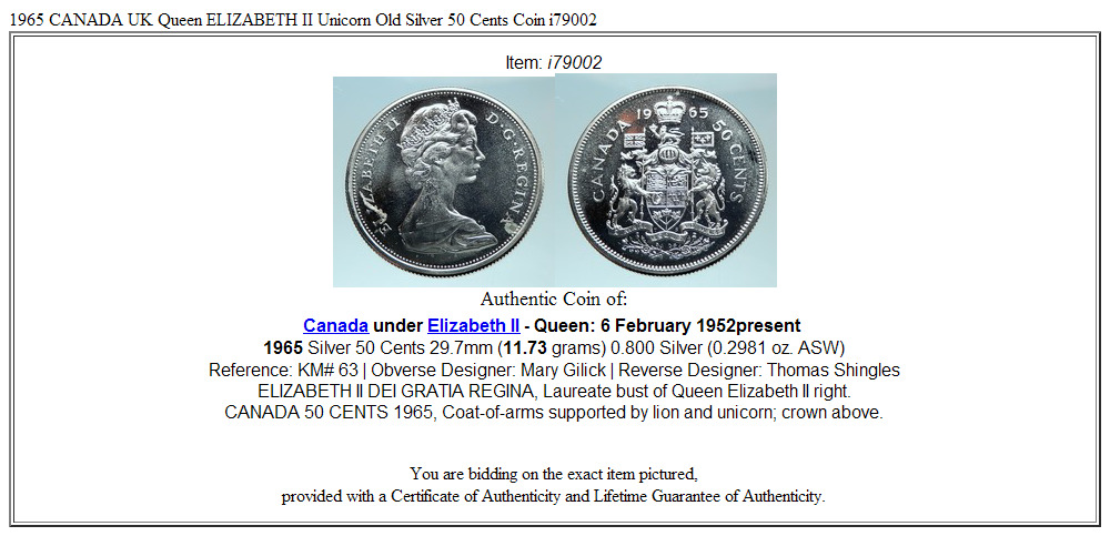 1965 CANADA UK Queen ELIZABETH II Unicorn Old Silver 50 Cents Coin i79002