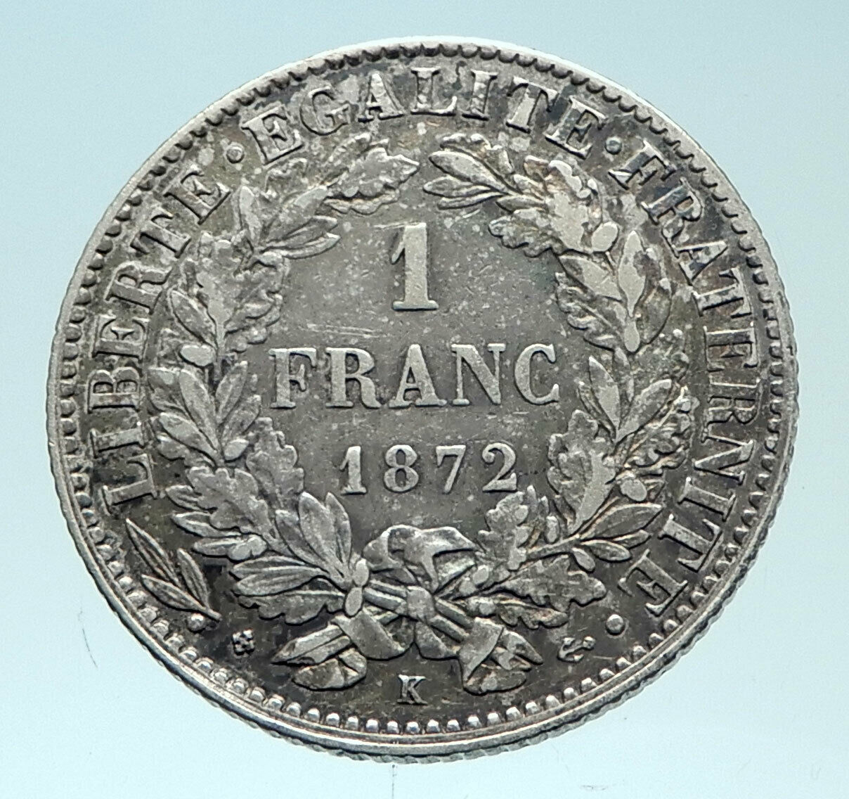 1872 K FRANCE with LIBERTY and MOTTO Genuine French Silver 1 Franc Coin i79013