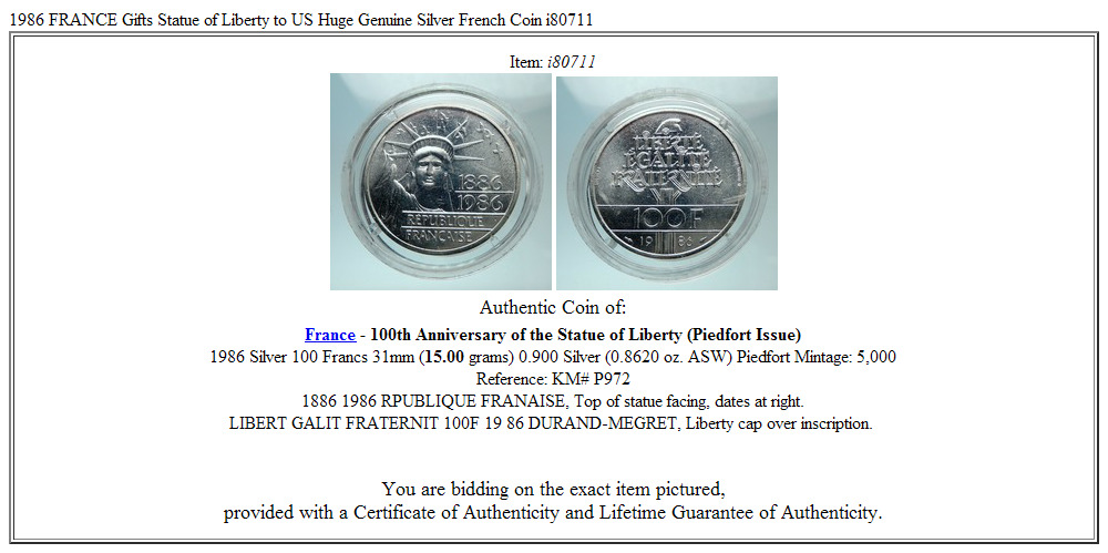 1986 FRANCE Gifts Statue of Liberty to US Huge Genuine Silver French Coin i80711