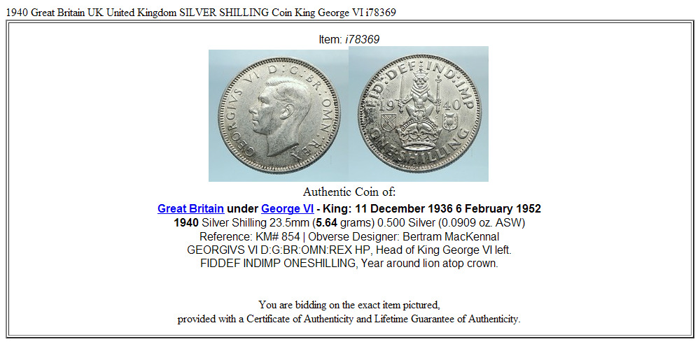 1940 Great Britain UK United Kingdom SILVER SHILLING Coin King George VI i78369