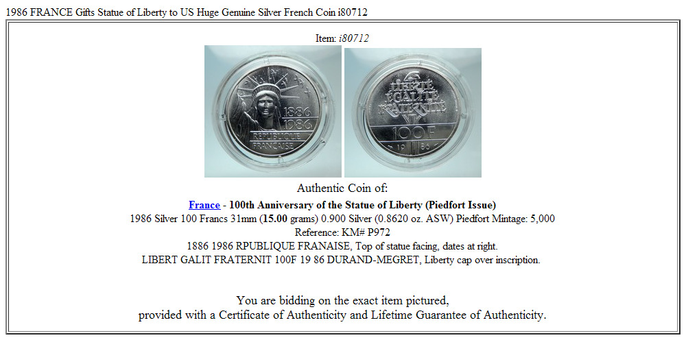 1986 FRANCE Gifts Statue of Liberty to US Huge Genuine Silver French Coin i80712