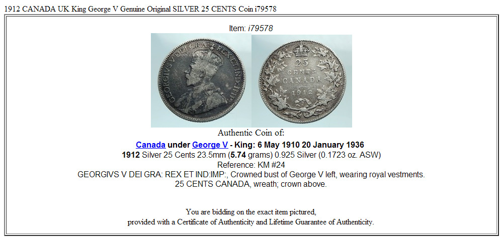 1912 CANADA UK King George V Genuine Original SILVER 25 CENTS Coin i79578