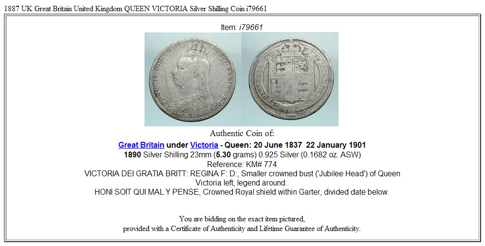 1887 UK Great Britain United Kingdom QUEEN VICTORIA Silver Shilling Coin i79661