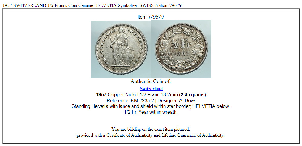 1957 SWITZERLAND 1/2 Francs Coin Genuine HELVETIA Symbolizes SWISS Nation i79679