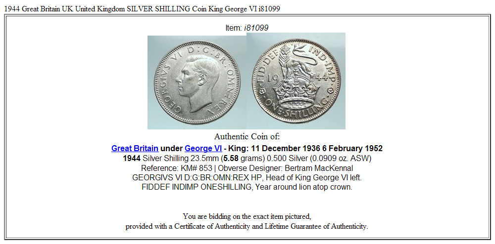 1944 Great Britain UK United Kingdom SILVER SHILLING Coin King George VI i81099