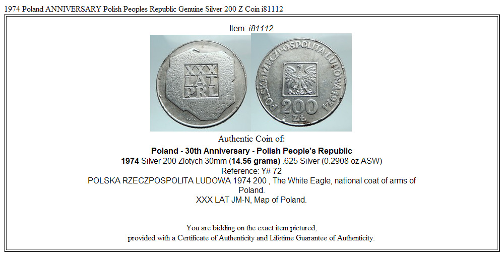 1974 Poland ANNIVERSARY Polish Peoples Republic Genuine Silver 200 Z Coin i81112