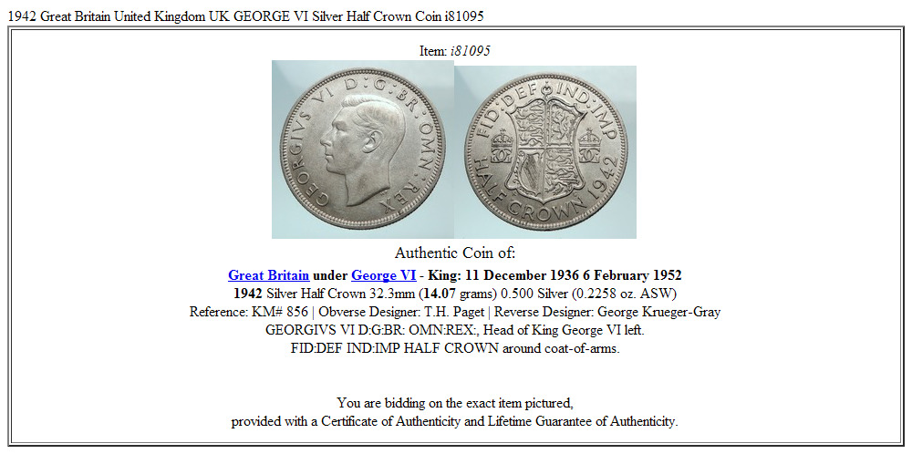 1942 Great Britain United Kingdom UK GEORGE VI Silver Half Crown Coin i81095