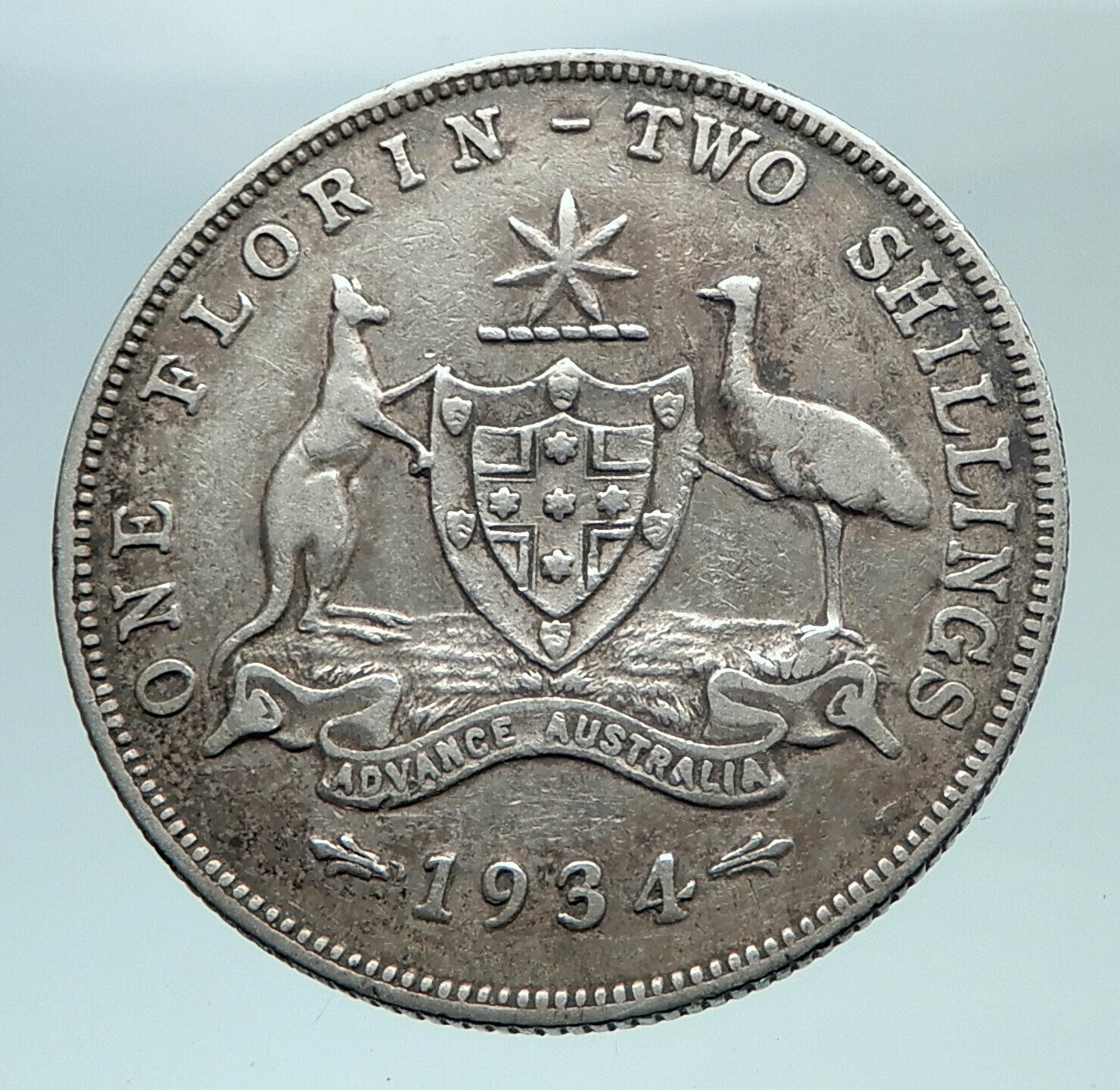 1934 AUSTRALIA - UK King George V Kangaroo Silver Florin Australian Coin i81001