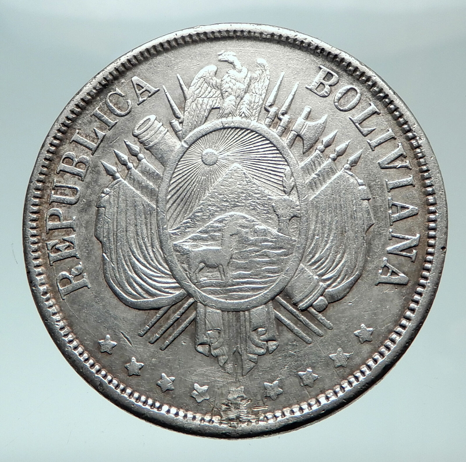 1873 BOLIVIA Antique Wreath Eagle Hill Genuine Boliviano Silver Coin i81483