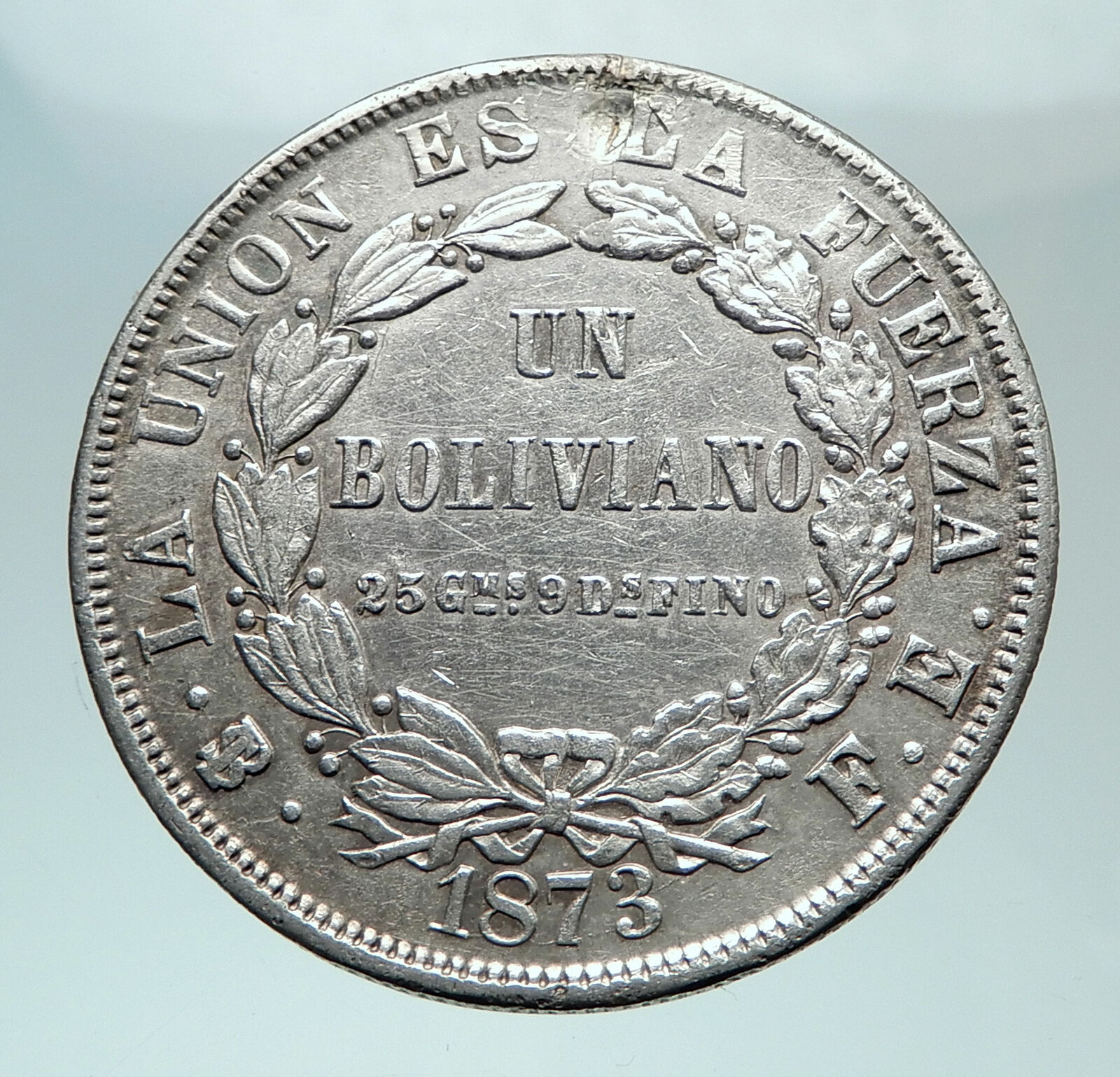 1873 BOLIVIA Antique Wreath Eagle Hill Genuine Boliviano Silver Coin i81483